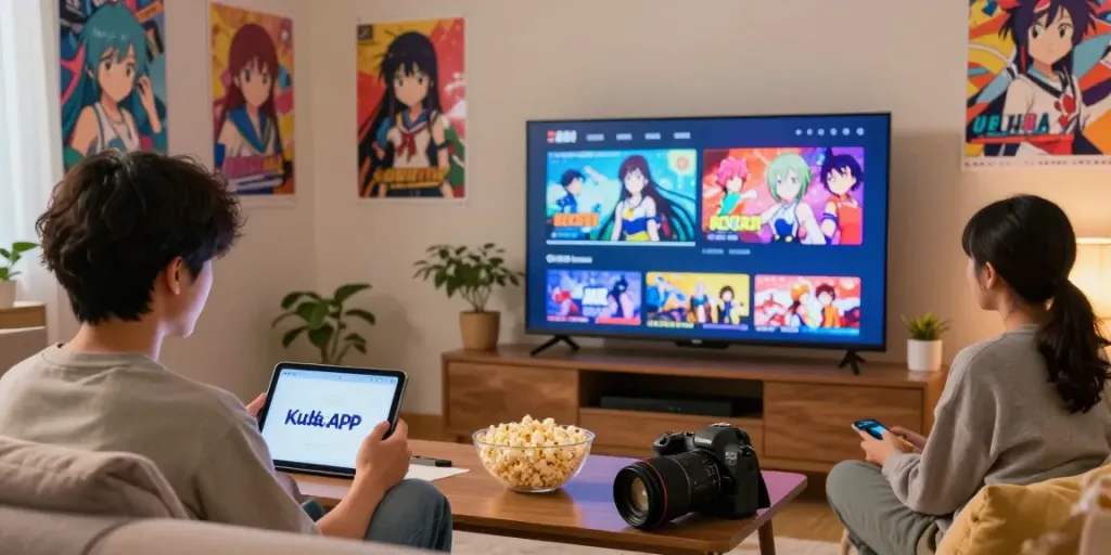 Pengguna menikmati Kucing APK di tablet dan TV dengan suasana nyaman.