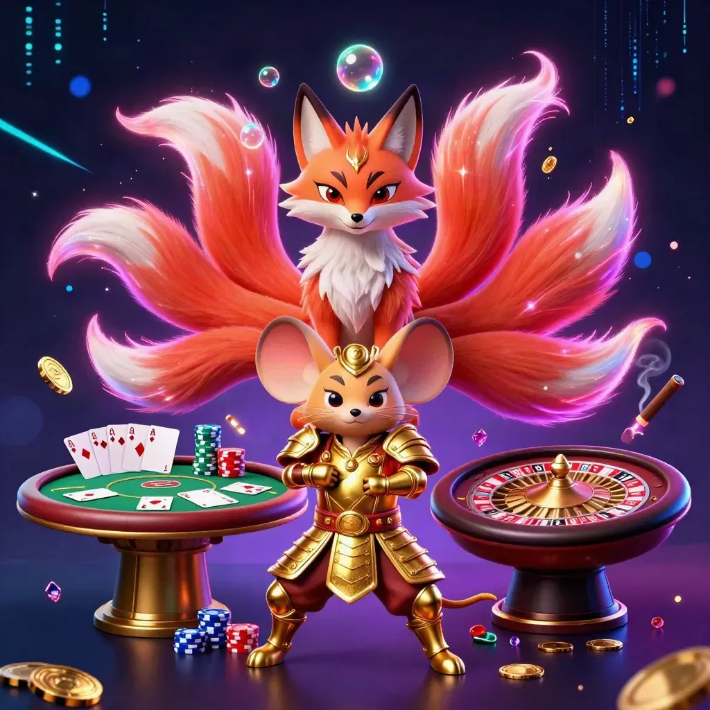 Rubah sembilan ekor dan tikus samurai emas di meja kasino neon, dikelilingi kartu, chip, dan cahaya.