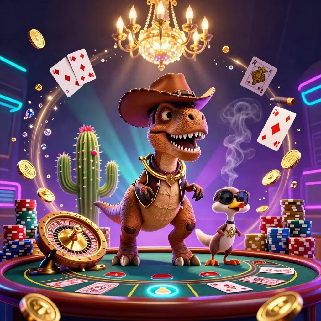 T-Rex koboi, sidekick kaktus, dan roadrunner di kasino neon emas yang mewah.