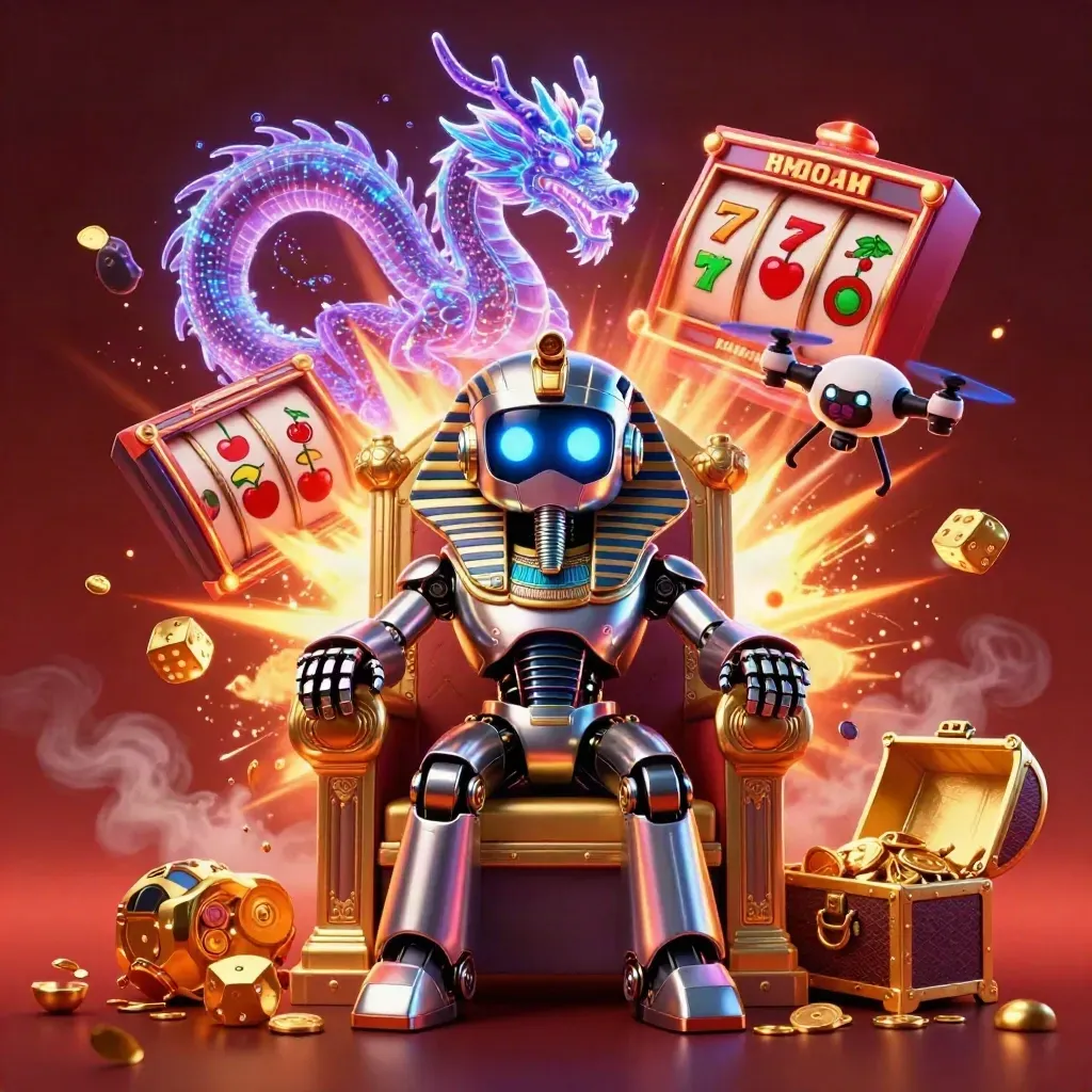 Robot cyberpunk, naga holografik, dan drone koin di depan mesin slot emas meledak.