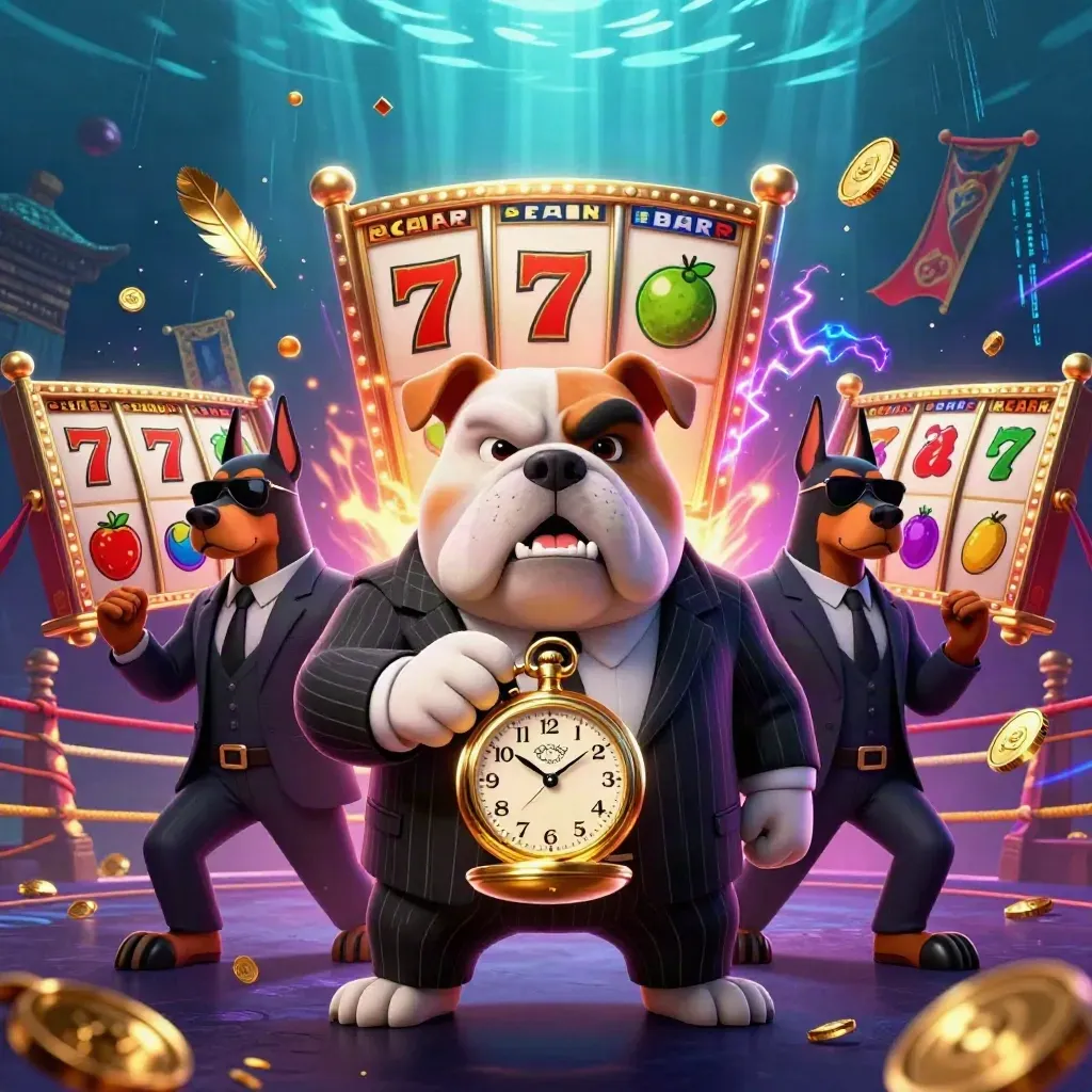 Bulldog bos mafia dan dua doberman di tengah efek jackpot emas-neon.