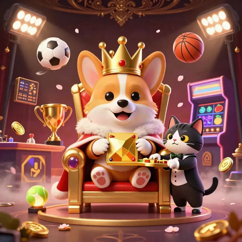 Korgi raja di singgasana koin, ditemani pelayan kucing, bola, trofi, dan kilau emas mewah.